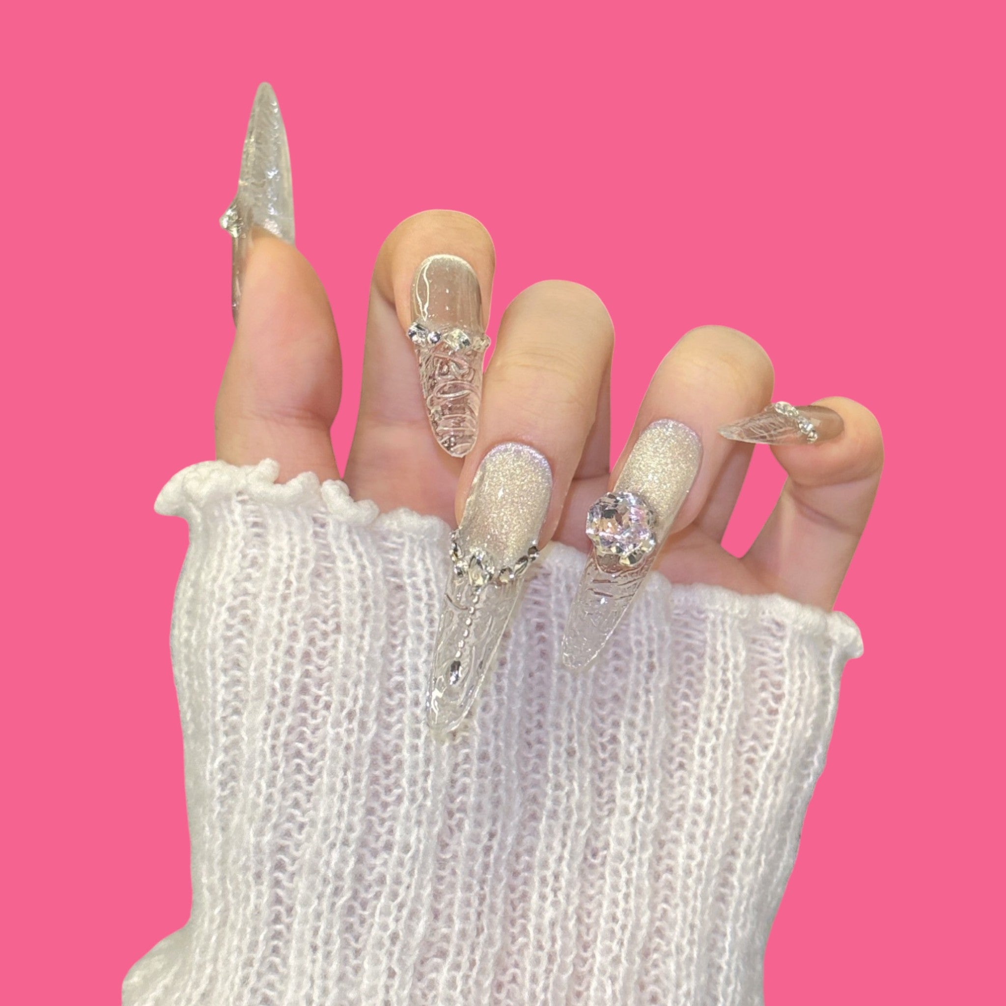 Luxury Silver Carved Press-On Nails